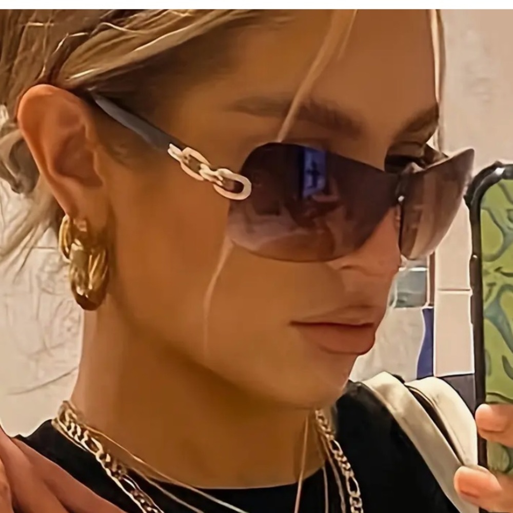 Brown and Gold Rimless Sunglasses with Chain-Link Design